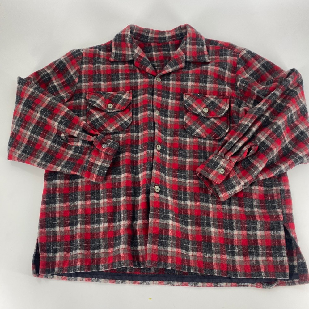 Vintage Mens Plaid Wool‎ Flannel Shirt Red Black Grey Two Pocket Lumberjack